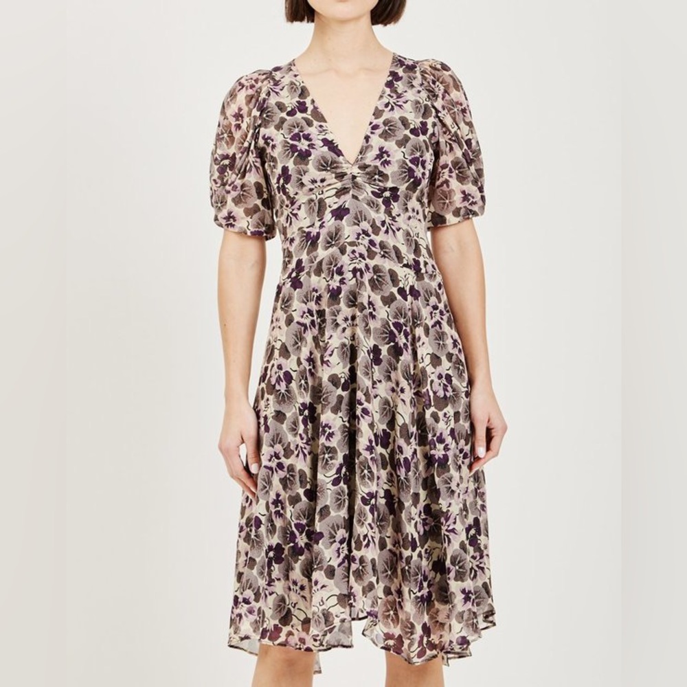 NWOT Masscob Atares Silk Dress Short Sleeve in Floral Burgundy Print